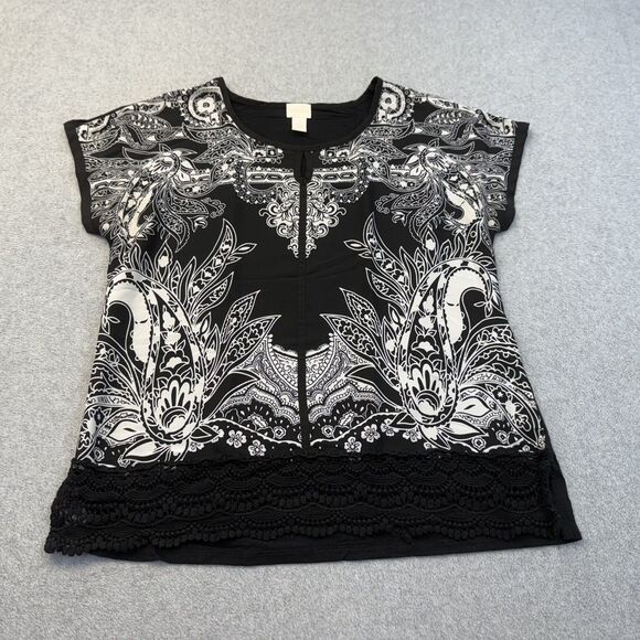 Chicos Shirt Women's 1 US M Black White Floral Paisley Short Sleeve Stretch READ - Picture 1 of 8